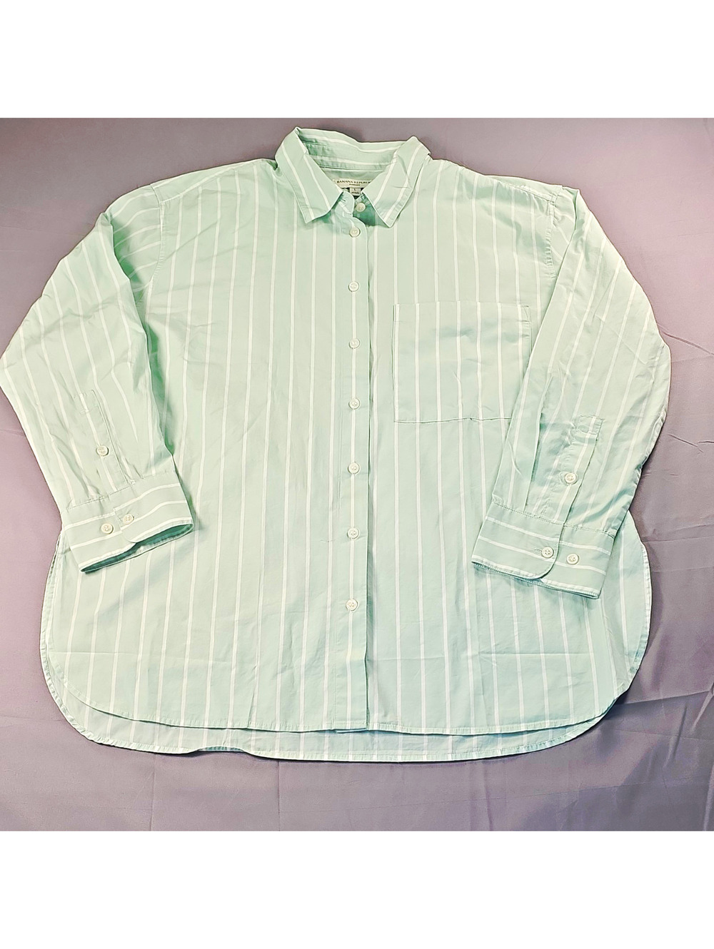 Banana Republic Womens L Green White Striped Oversized Button-Up Long Sleeve